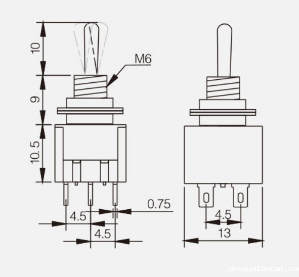 DPDT ON-OFF-ON KTS-203纽子开关|按钮开关产品型号-参数-接线图 DPDT ON-OFF-ON KTS-203纽子开关|按钮开关产品型号-参数-接线图