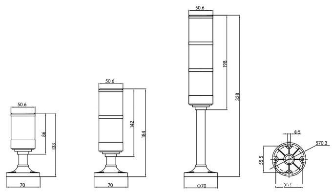 KJTME50系列杆盘式金属三色塔灯|金属三色塔灯型号-参数-尺寸图-接线图